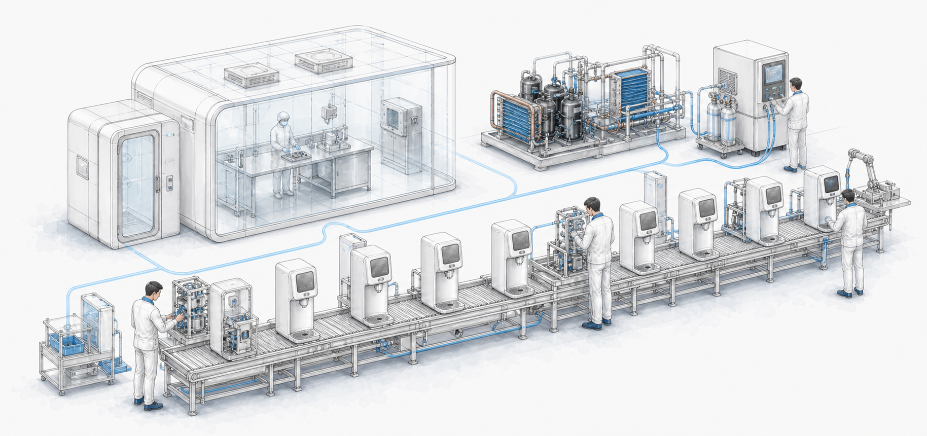 Metapure integrated manufacturing system with a controlled GMP workshop, in-house refrigeration production, and assembly lines.