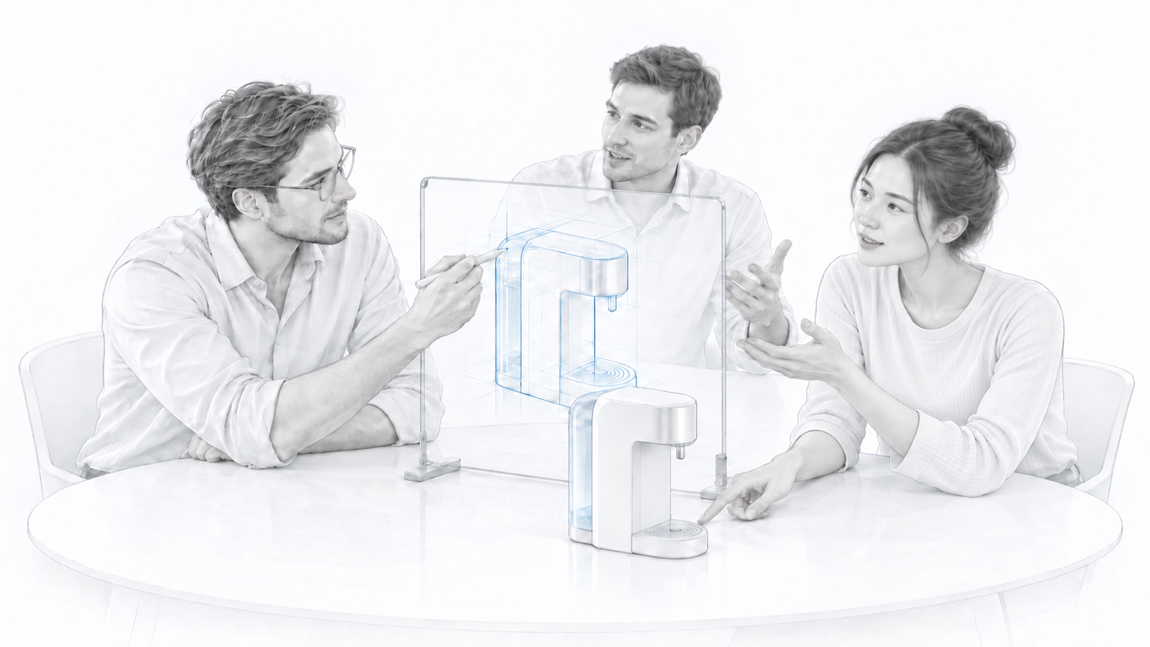 Three collaborators discussing a water product design on a transparent drawing board with a prototype on the table.