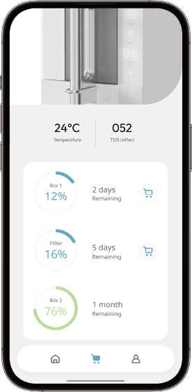 Metapure mobile app screen showing water temperature, TDS, and filter status.
