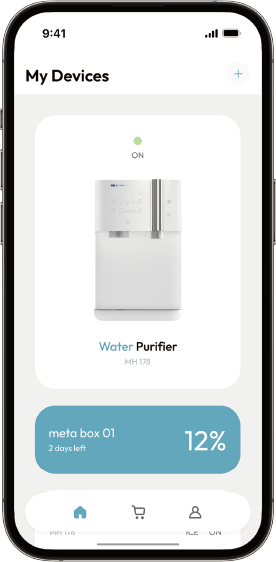 Metapure mobile app device list showing a connected water purifier.