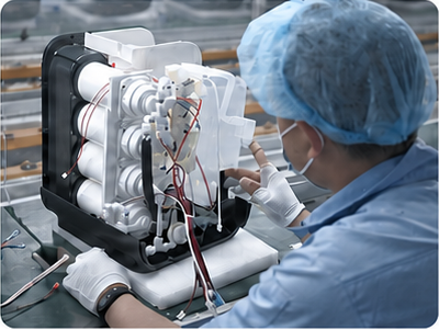 A technician inspecting the internal filtration structure of a water appliance.