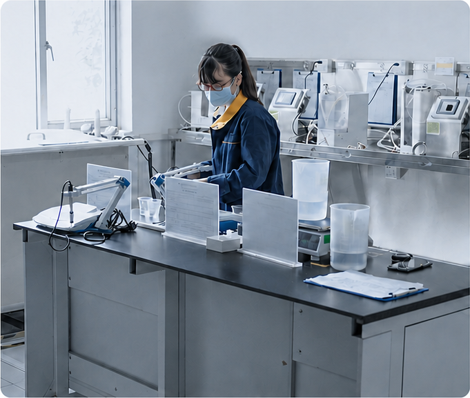 A laboratory technician carrying out water-quality testing at a measurement bench.