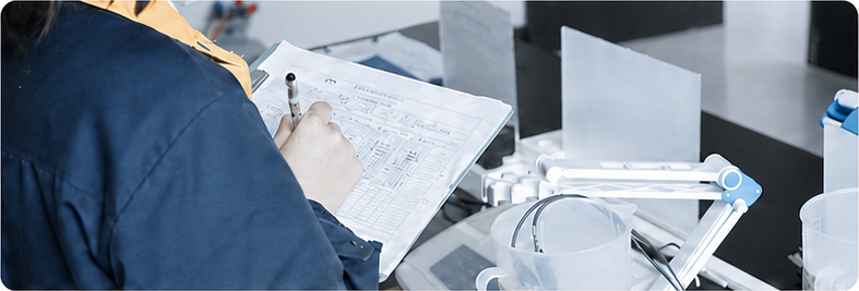 An operator recording test results beside water samples and laboratory probes.