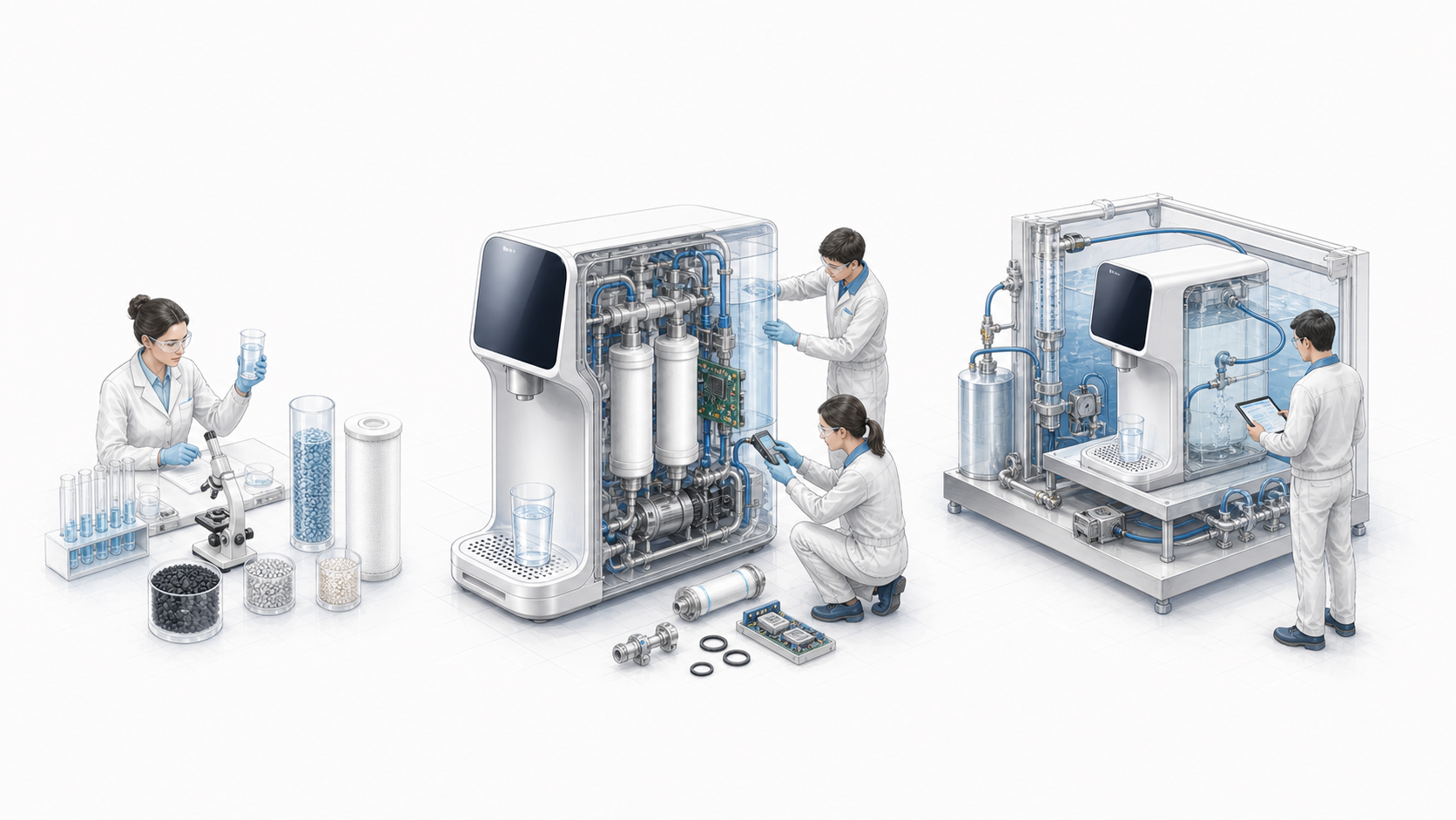 A water-product quality lifecycle showing material analysis, production inspection, and long-cycle verification.